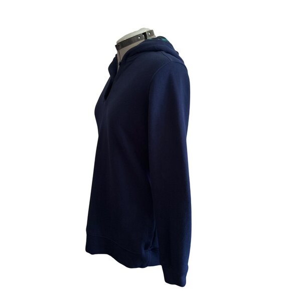 Lands End Womens Serious Sweats Navy Hoodie Pullover M 10-12 Plaid Lined Hood - Picture 2 of 8